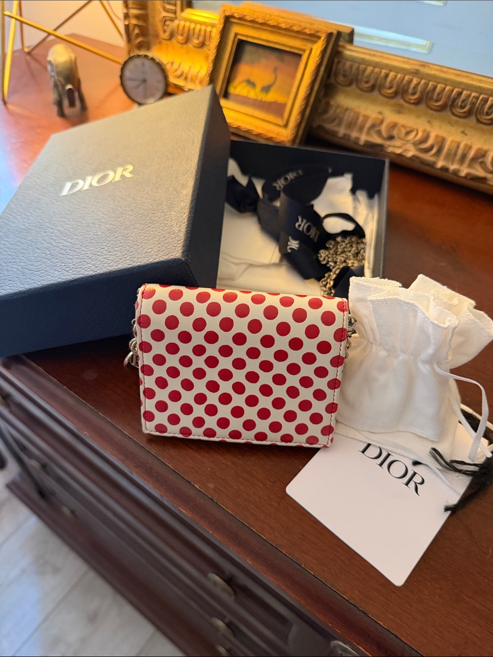 Lady Dior 5 gusset card holder with Red Polka Dots